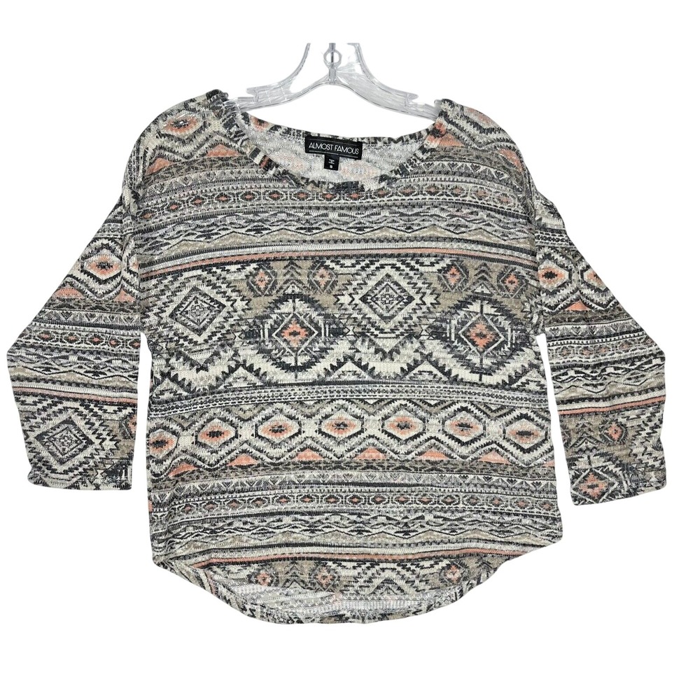 Almost Famous Knit Sweater Women Small Gray Multi Tribal Geometric 3/4 Sleeve